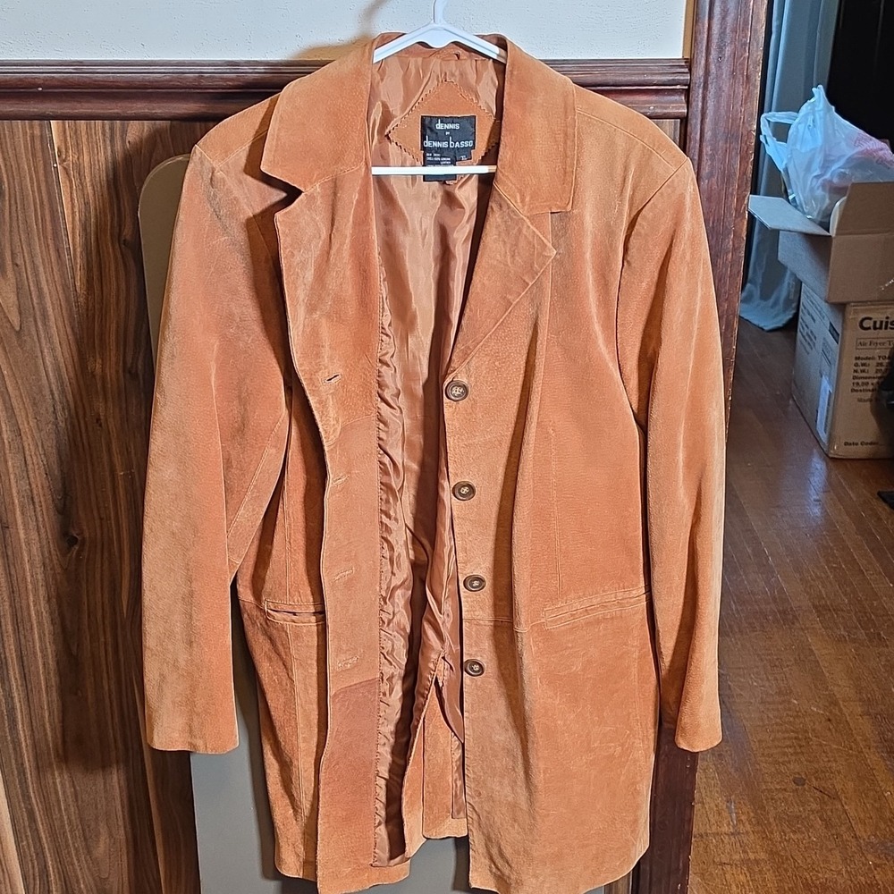 Dennis Basso Brown Leather‎ Overcoat XL Men's Button Closure Lined Pockets